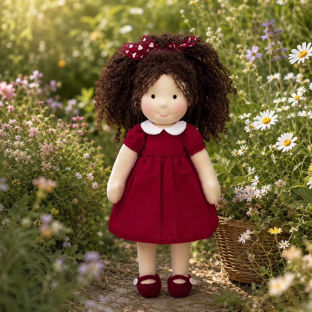 BlissfulPixie 12" Waldorf Doll Eleanor, Handmade Soft Rag Doll for Girls with DIY Hair Styling Kit, 4 Color Hair Set, Teddy Bear, Makeup Tools & Gift Box Set, Creative Birthday Christmas Gift-BlissfulPixie
