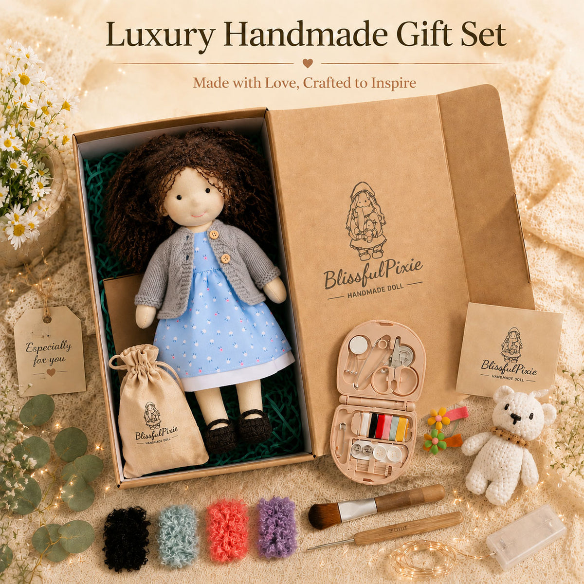 BlissfulPixie 12" Waldorf Doll Louise, Handmade Soft Rag Doll for Girls with DIY Hair Styling Kit, 4 Color Hair Set, Teddy Bear, Makeup Tools & Gift Box Set, Creative Birthday Christmas Gift-BlissfulPixie