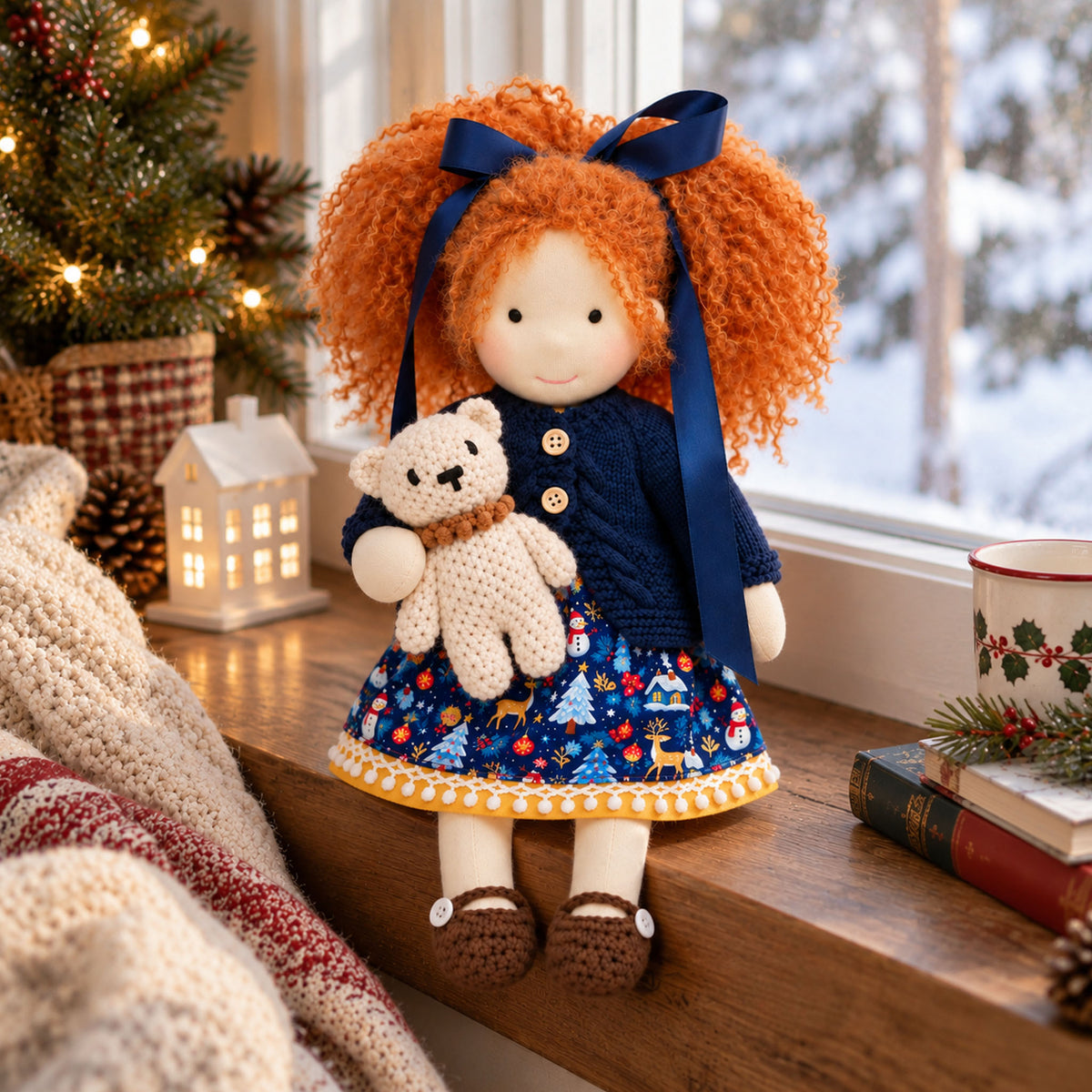 Hanne Cute Handmade Doll for Girls, Christmas Rag Doll with Colorful Holiday Dress, Soft Fabric Doll with Gift Box Packaging, Adorable Keepsake Toy for Kids, Birthday and Holiday Gifts