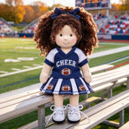 Blissfulpixie 12-Inch Handmade Waldorf Doll – Cheerleader Doll with Curly Brown Hair, Blue & White Football Outfit, Bow Headband & Sneakers