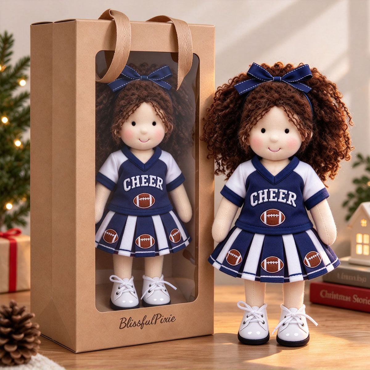 Blissfulpixie 12-Inch Handmade Waldorf Doll – Cheerleader Doll with Curly Brown Hair, Blue & White Football Outfit, Bow Headband & Sneakers