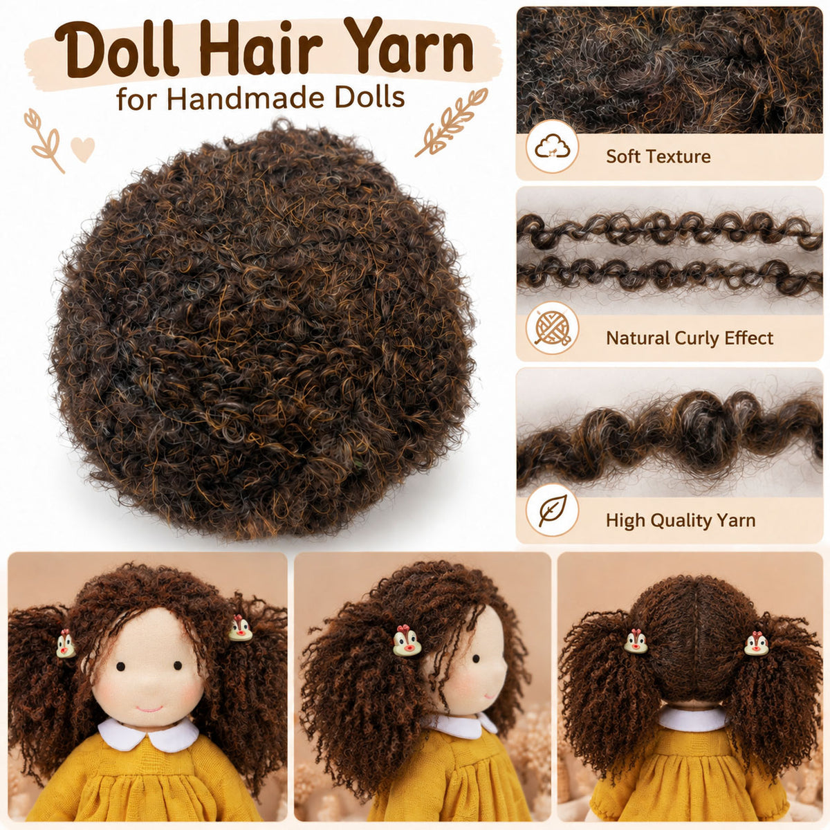 Doll Hair Crocheting DIY Tool Kit for Handmade Dolls, Wig Cap, Doll Hair Yarn, 2.0mm Crochet Hook Set, Doll Wig Making Supplies for Waldorf Dolls, Amigurumi and DIY Doll Hair Craft