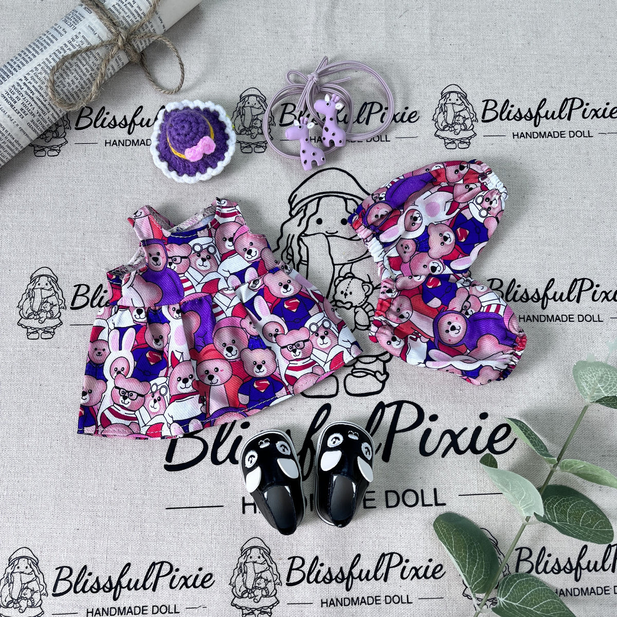 BlissfulPixie 12" Waldorf Handmade Doll Clothing Set Baby Girl Clothes Washable
