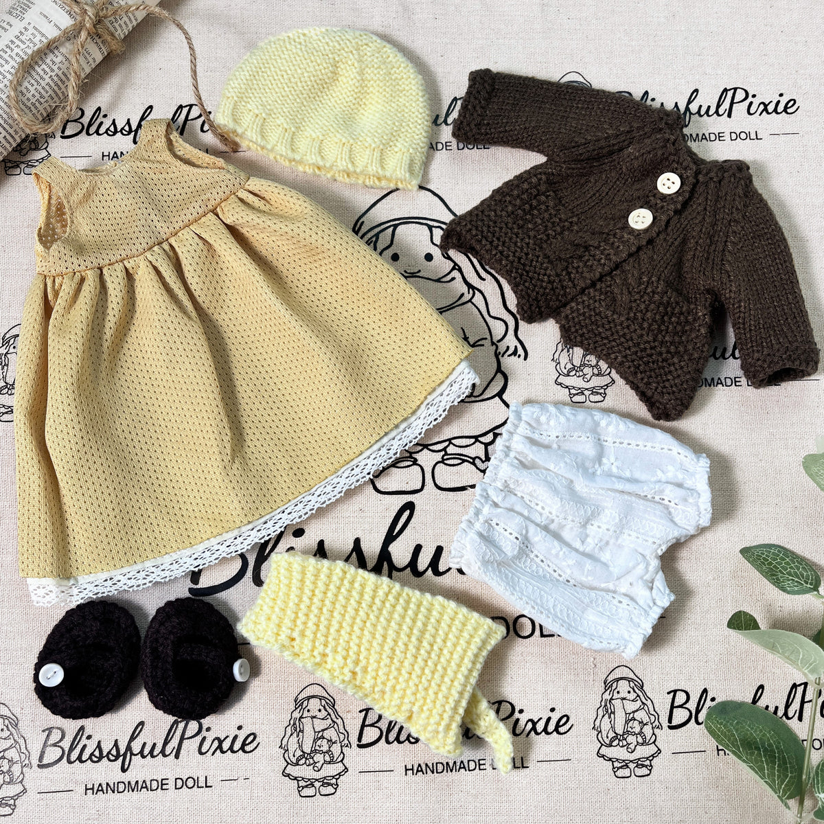 BlissfulPixie 12" Waldorf Handmade Doll Clothing Set Baby Girl Clothes Washable