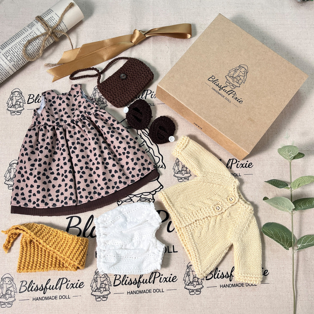 BlissfulPixie 12" Waldorf Handmade Doll Clothing Set Baby Girl Clothes Washable