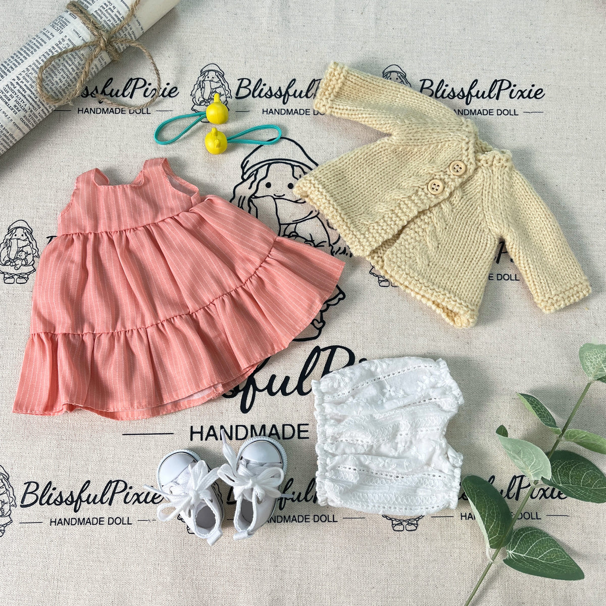 BlissfulPixie 12" Waldorf Handmade Doll Clothing Set Baby Girl Clothes Washable