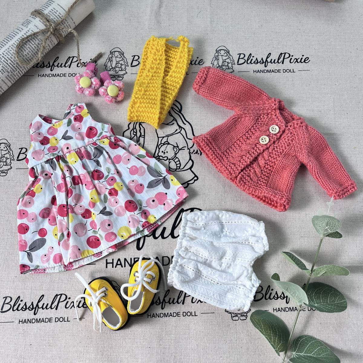 BlissfulPixie 12" Waldorf Handmade Doll Clothing Set Baby Girl Clothes Washable