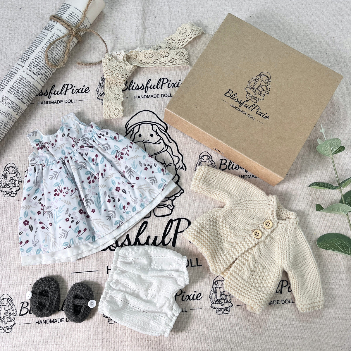 BlissfulPixie 12" Waldorf Handmade Doll Clothing Set Baby Girl Clothes Washable