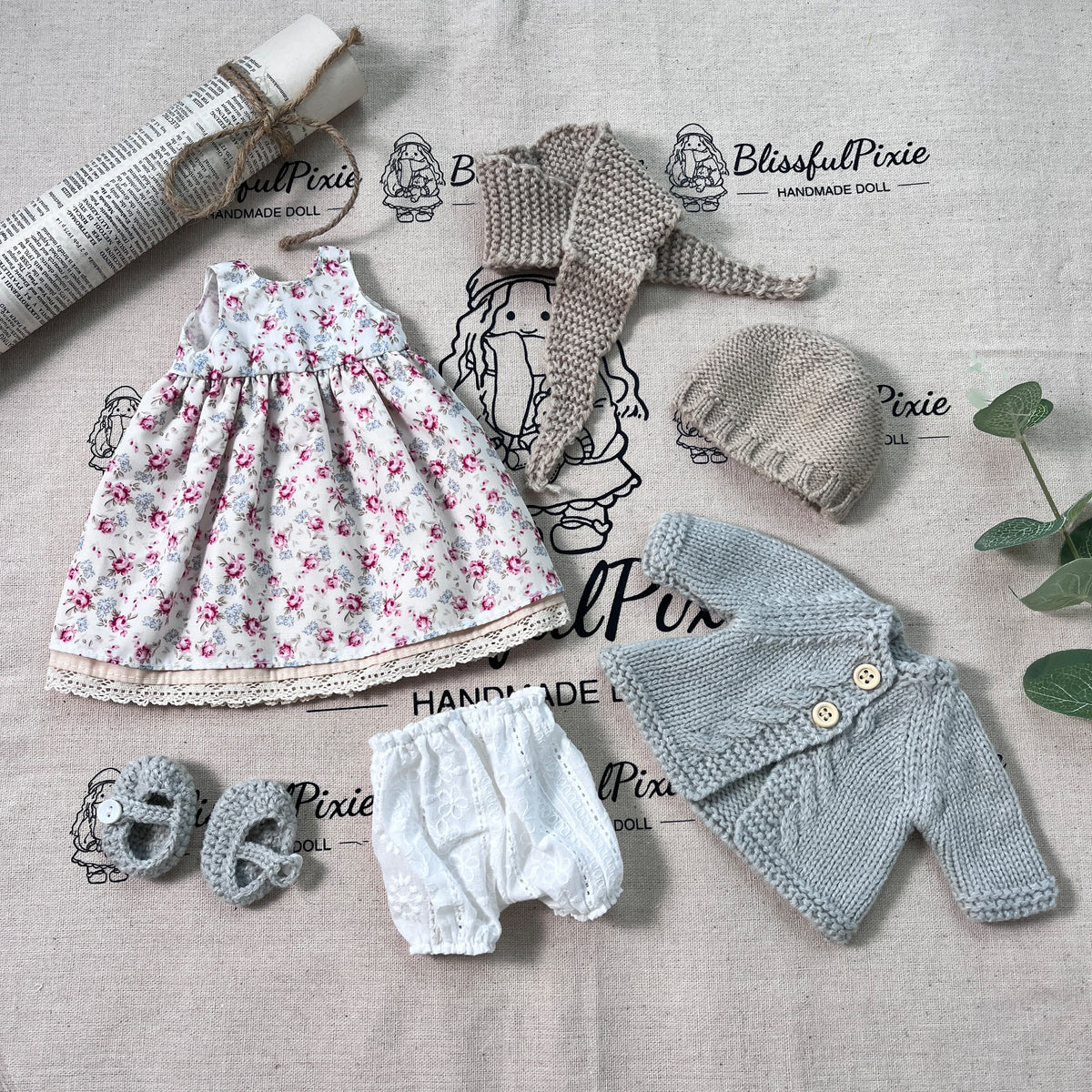 BlissfulPixie 12" Waldorf Handmade Doll Clothing Set Baby Girl Clothes Washable
