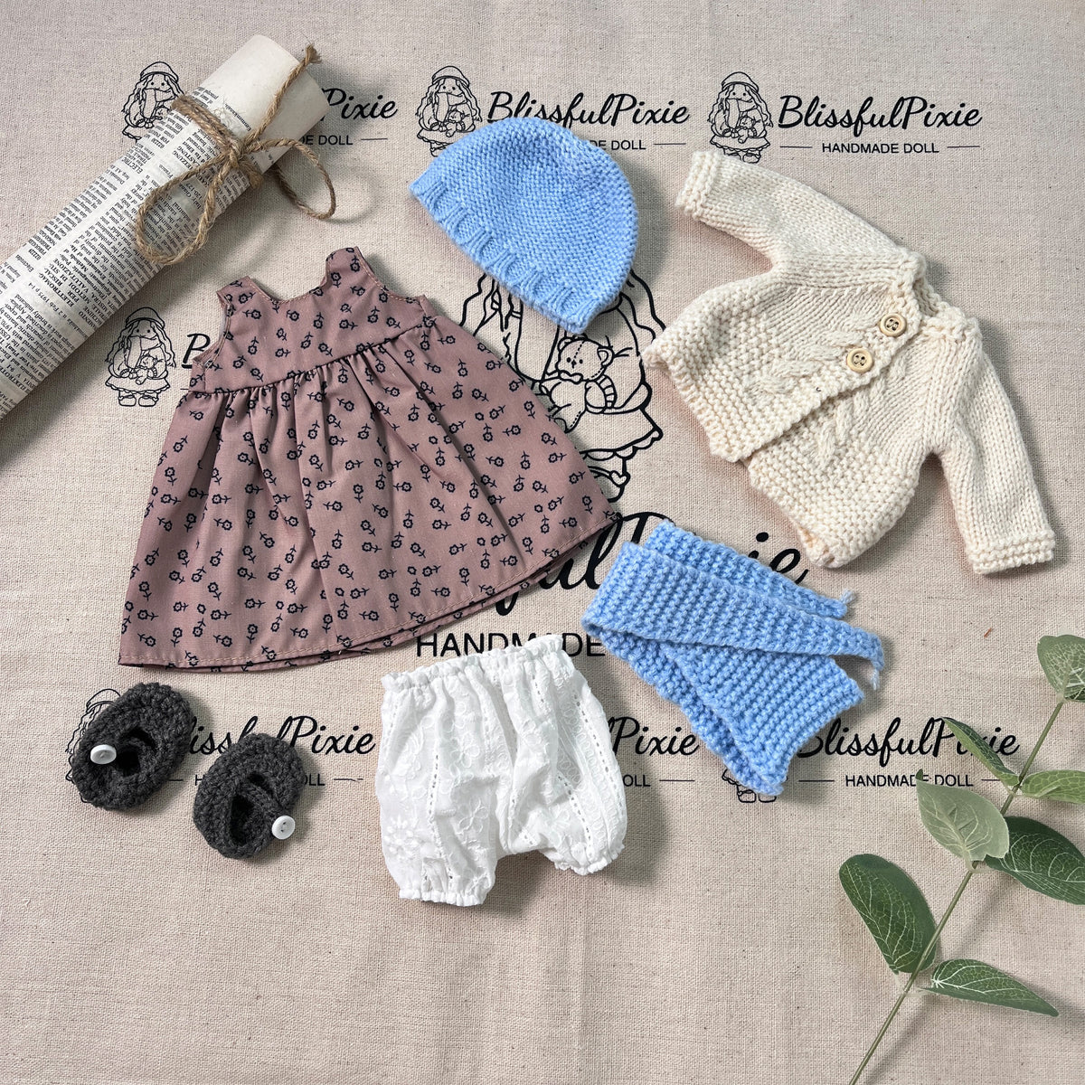BlissfulPixie 12" Waldorf Handmade Doll Clothing Set Baby Girl Clothes Washable