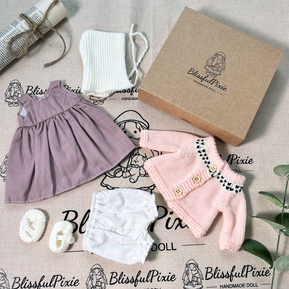 BlissfulPixie 12" Waldorf Handmade Doll Clothing Set Baby Girl Clothes Washable