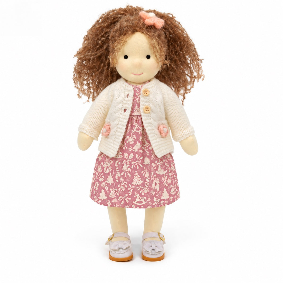BlissfulPixie 12-Inch Handmade Waldorf Christmas Doll with Brown Curly Hair, Pink Holiday Dress, Cream Knitted Cardigan & Bow Shoes – Christmas Gift for Kids