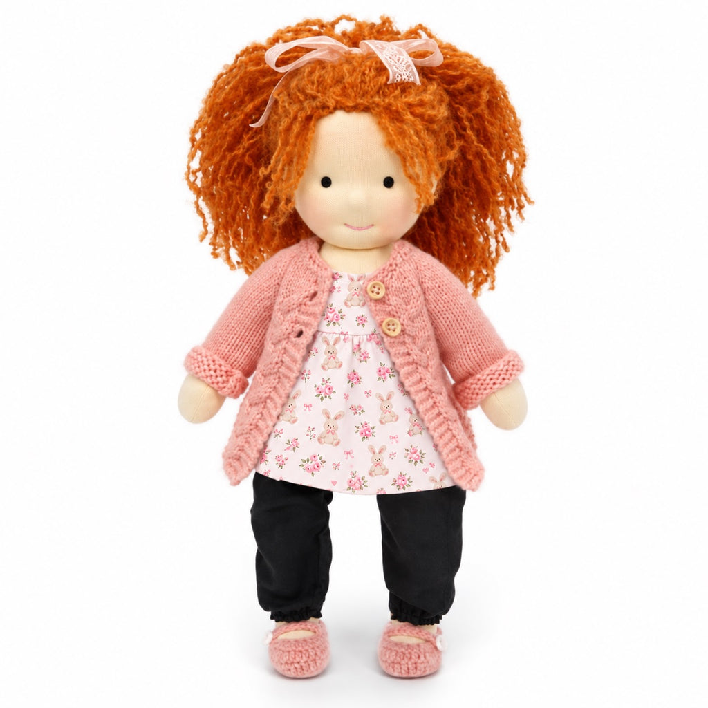 BlissfulPixie 12-Inch Waldorf-Style Doll with Orange Curly Hair, Pink Knitted Cardigan, Bunny Floral Print Top, Black Pants & Pink Knitted Shoes – Cute Gift for Kids
