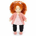 BlissfulPixie 12-Inch Waldorf-Style Doll with Orange Curly Hair, Pink Knitted Cardigan, Bunny Floral Print Top, Black Pants & Pink Knitted Shoes – Cute Gift for Kids
