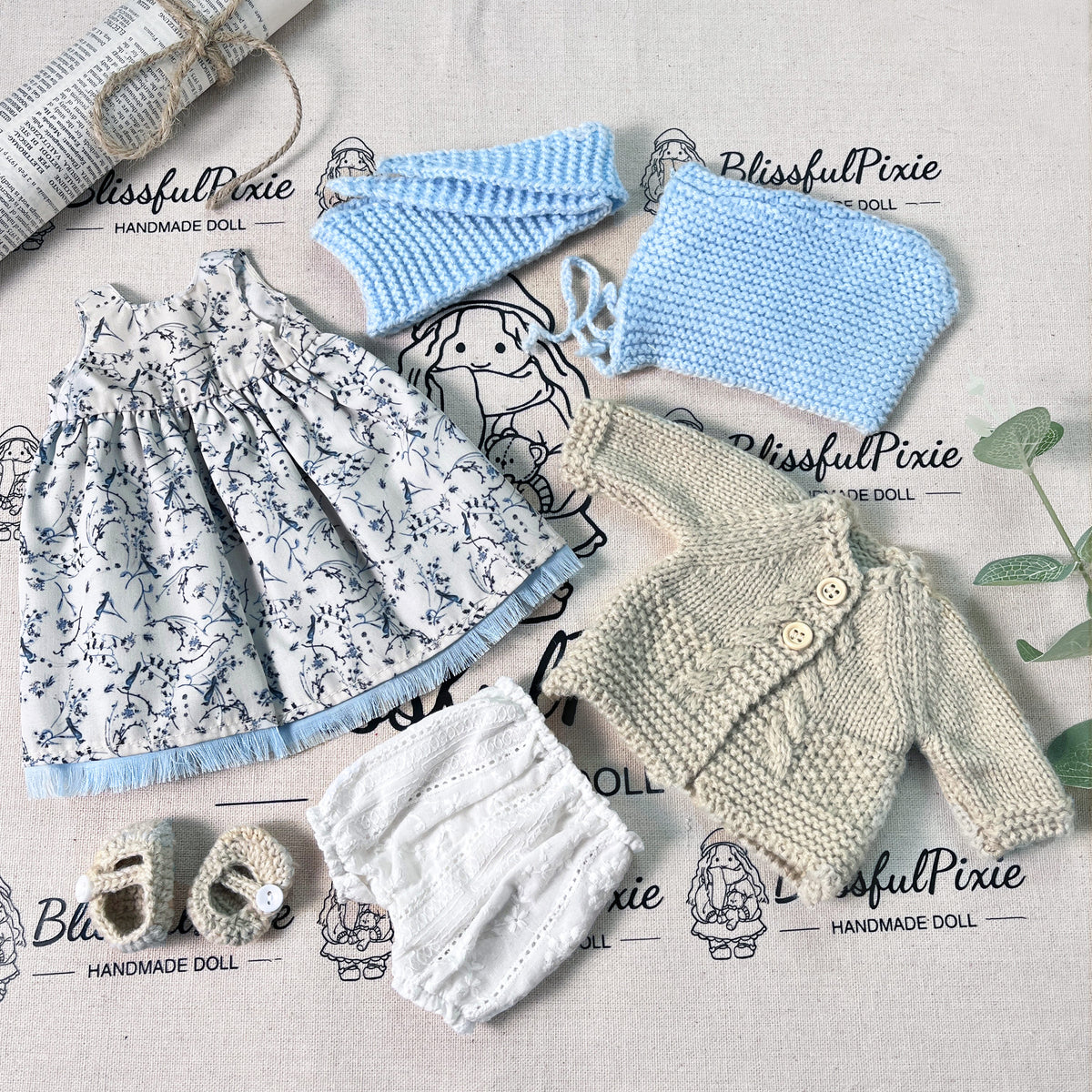 BlissfulPixie 12" Waldorf Handmade Doll Clothing Set Baby Girl Clothes Washable