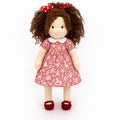 BlissfulPixie 12-Inch Handmade Waldorf Christmas Doll with Brown Curly Hair, Red Heart Bow, Pink Holiday Dress & Red Knitted Shoes – Christmas Gift for Kids