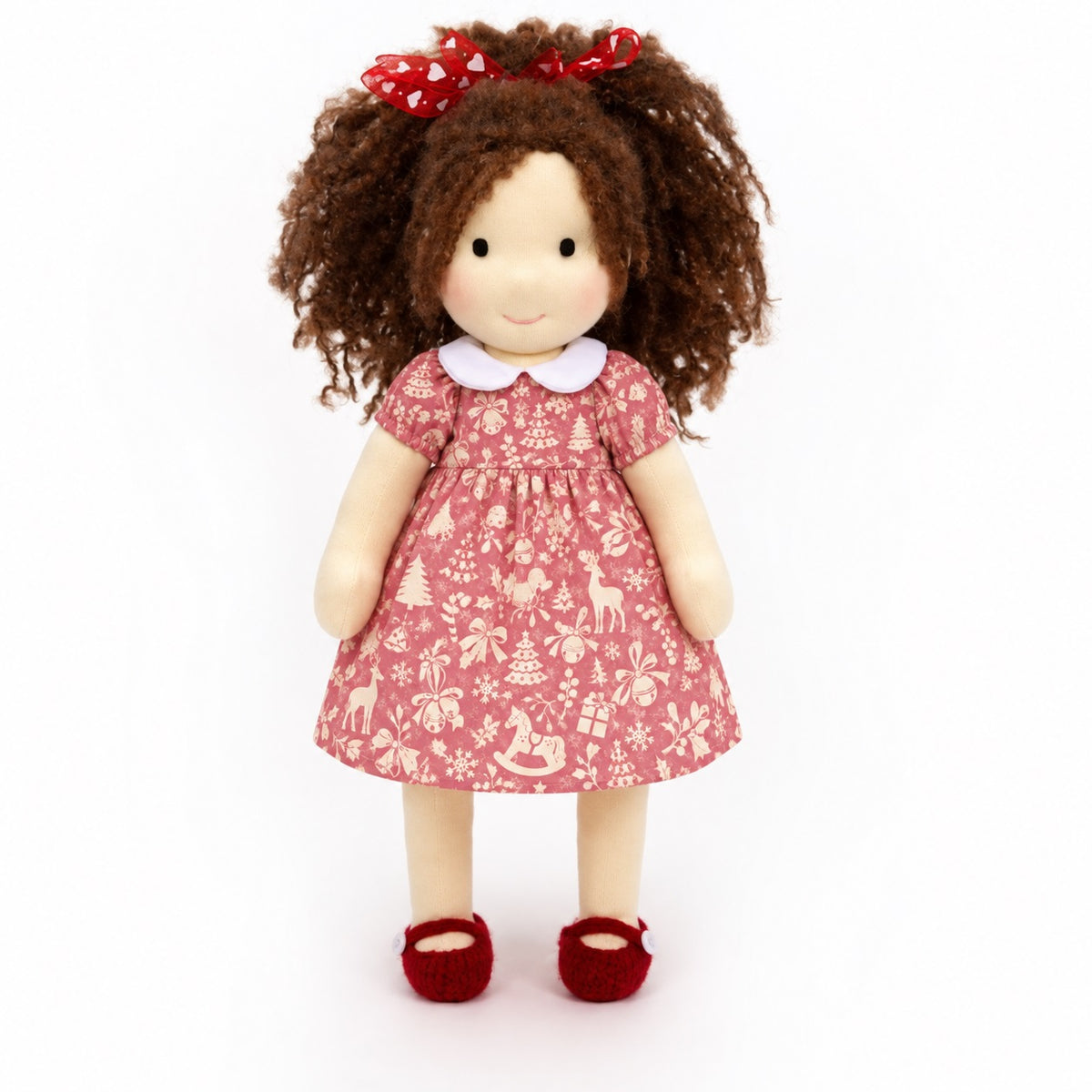 BlissfulPixie 12-Inch Handmade Waldorf Christmas Doll with Brown Curly Hair, Red Heart Bow, Pink Holiday Dress & Red Knitted Shoes – Christmas Gift for Kids