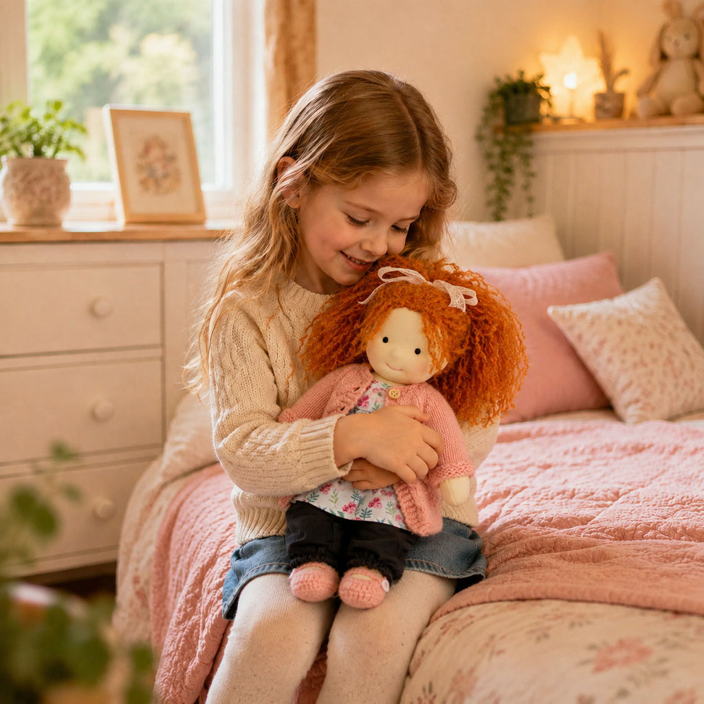 BlissfulPixie 12" Waldorf Doll Elsee, Handmade Soft Rag Doll for Girls with DIY Hair Styling Kit, 4 Color Hair Set, Teddy Bear, Makeup Tools & Gift Box Set, Creative Birthday Christmas Gift-BlissfulPixie