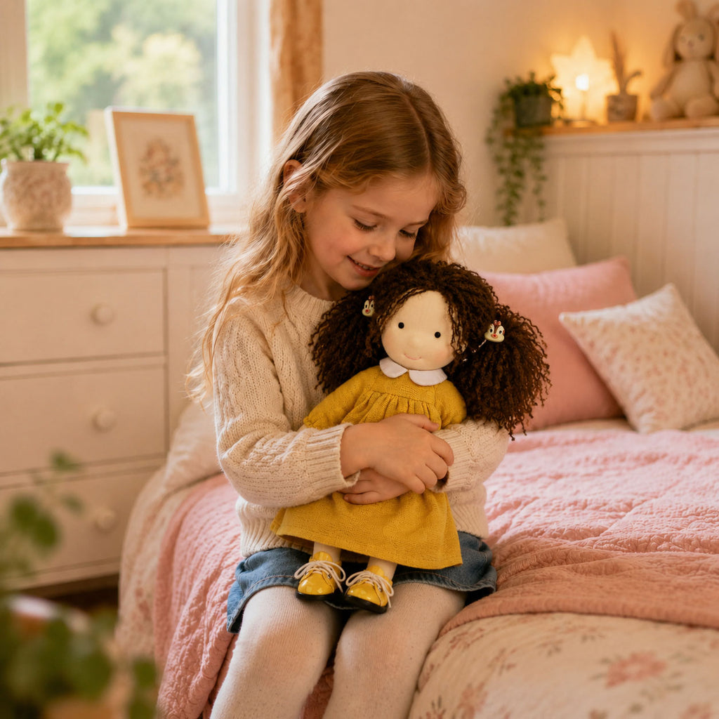 [Halloween Limited Edition ]BlissfulPixie 12" Waldorf Doll Inka , Handmade Soft Rag Doll for Girls with DIY Hair Styling Kit, 4 Color Hair Set, Teddy Bear, Makeup Tools & Gift Box Set, Creative Birthday Christmas Gift-BlissfulPixie