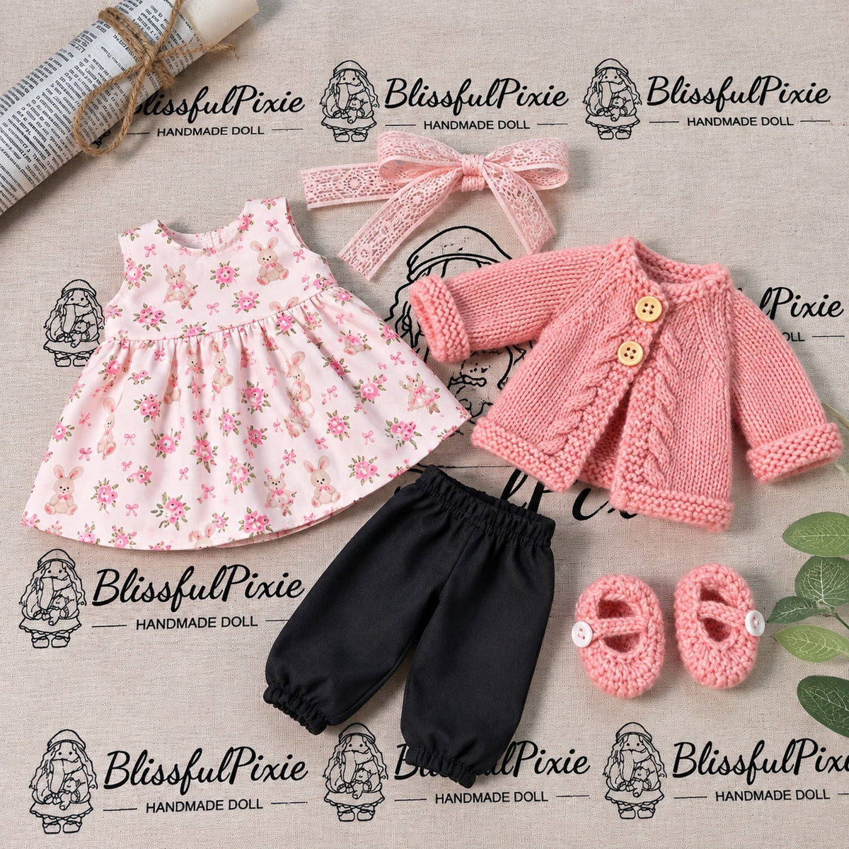BlissfulPixie 12-Inch Waldorf-Style Doll with Orange Curly Hair, Pink Knitted Cardigan, Bunny Floral Print Top, Black Pants & Pink Knitted Shoes – Cute Gift for Kids