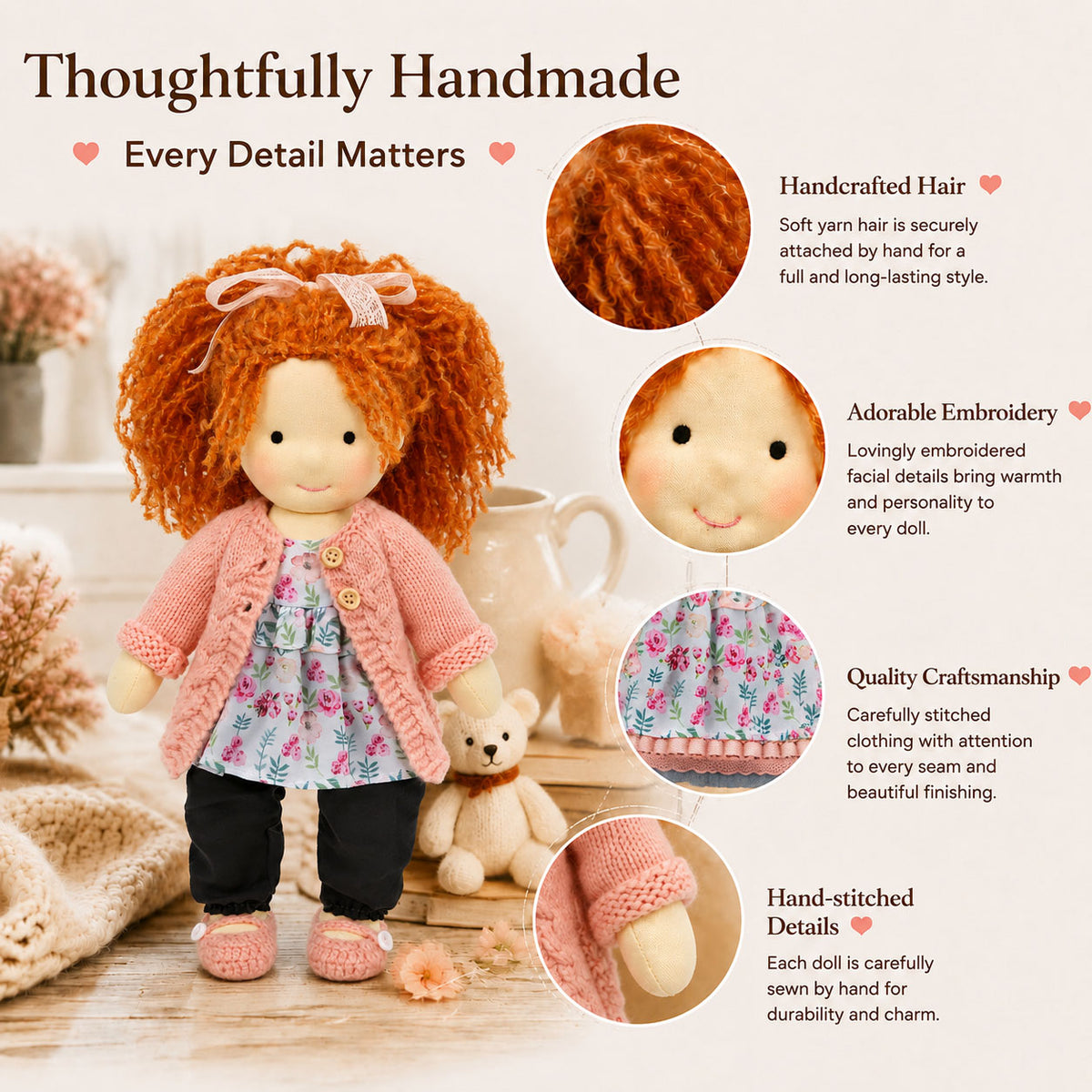 BlissfulPixie 12" Waldorf Doll Elsee, Handmade Soft Rag Doll for Girls with DIY Hair Styling Kit, 4 Color Hair Set, Teddy Bear, Makeup Tools & Gift Box Set, Creative Birthday Christmas Gift-BlissfulPixie