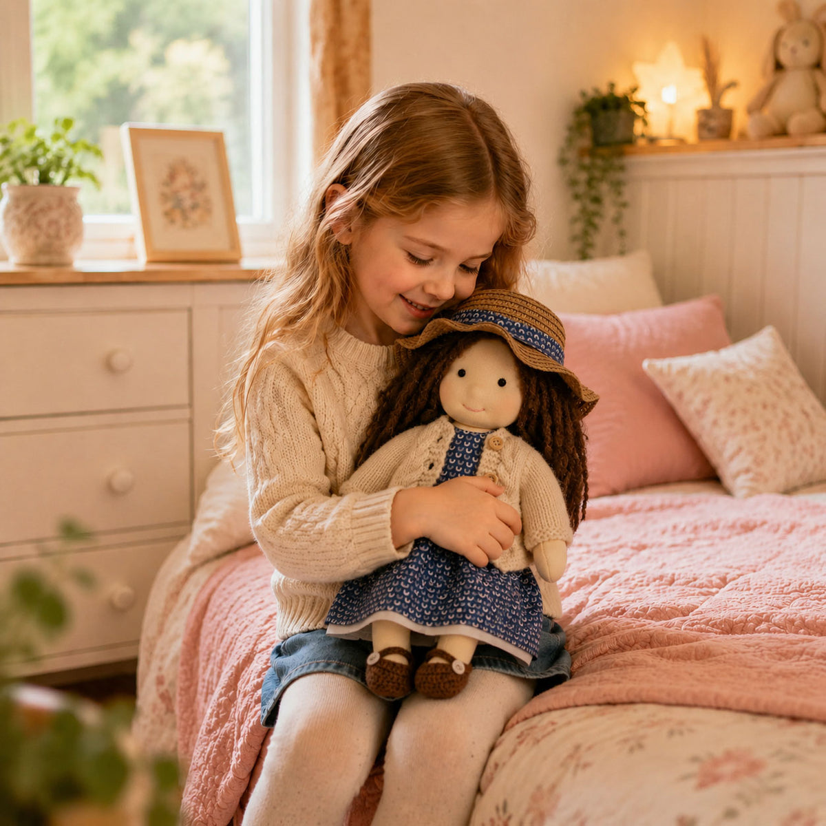 BlissfulPixie 12" Waldorf Doll Basia, Handmade Soft Rag Doll for Girls with DIY Hair Styling Kit, 4 Color Hair Set, Teddy Bear, Makeup Tools & Gift Box Set, Creative Birthday Christmas Gift-BlissfulPixie