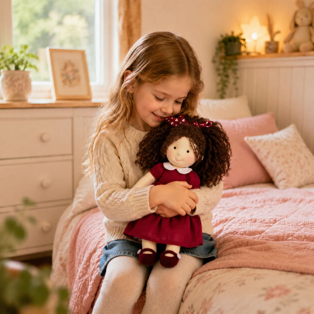 BlissfulPixie 12" Waldorf Doll Eleanor, Handmade Soft Rag Doll for Girls with DIY Hair Styling Kit, 4 Color Hair Set, Teddy Bear, Makeup Tools & Gift Box Set, Creative Birthday Christmas Gift-BlissfulPixie