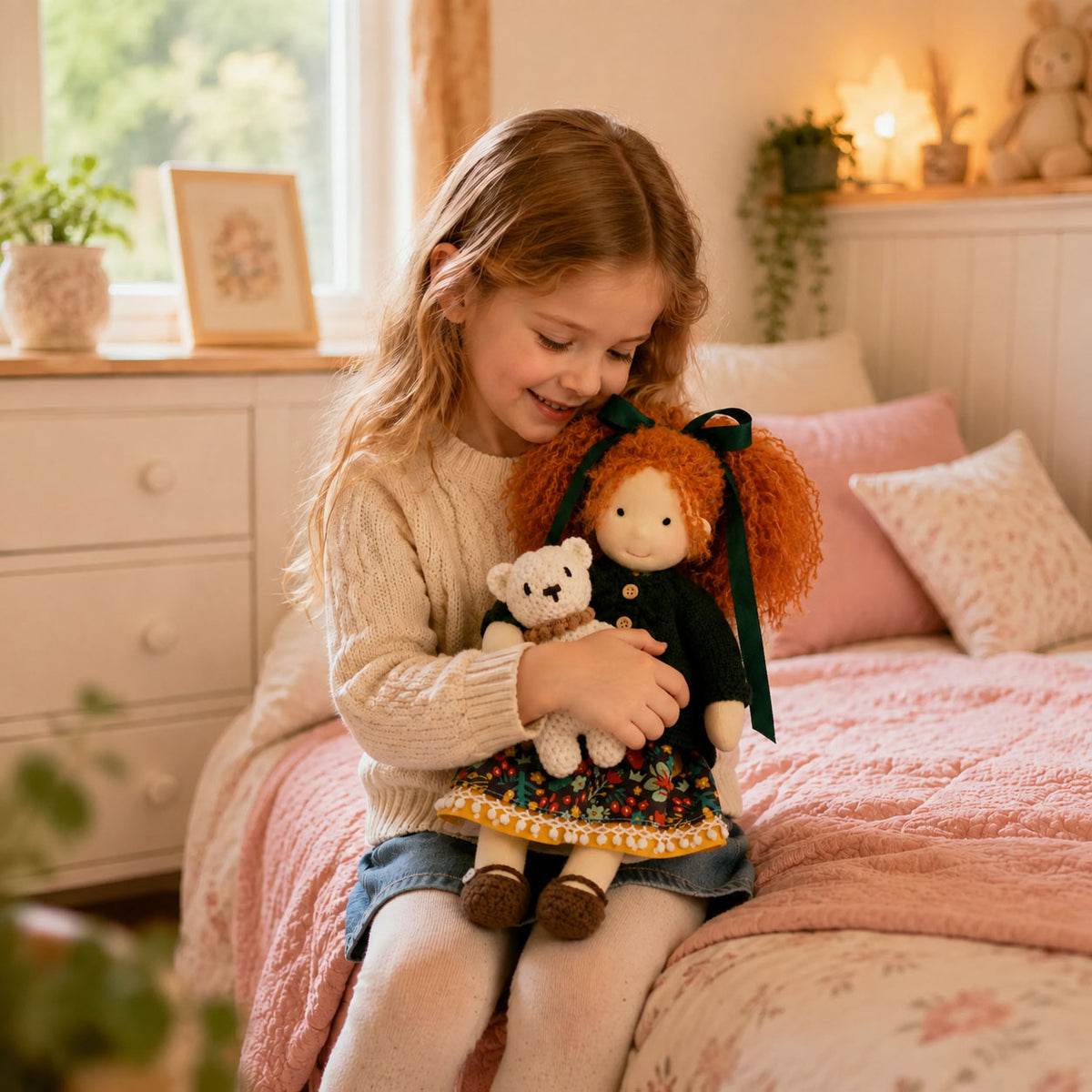 BlissfulPixie 12" Waldorf Doll Hanne, Handmade Soft Rag Doll for Girls with DIY Hair Styling Kit, 4 Color Hair Set, Teddy Bear, Makeup Tools & Gift Box Set, Creative Birthday Christmas Gift-BlissfulPixie